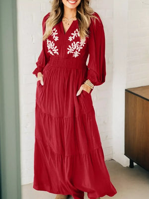 Contrast Embroidered Detail Cinched Waist Tiered Long Sleeve Maxi Dress - Makw Official Site
