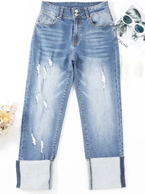 High Waist Distressed Straight Leg Jeans - Makw Official Site