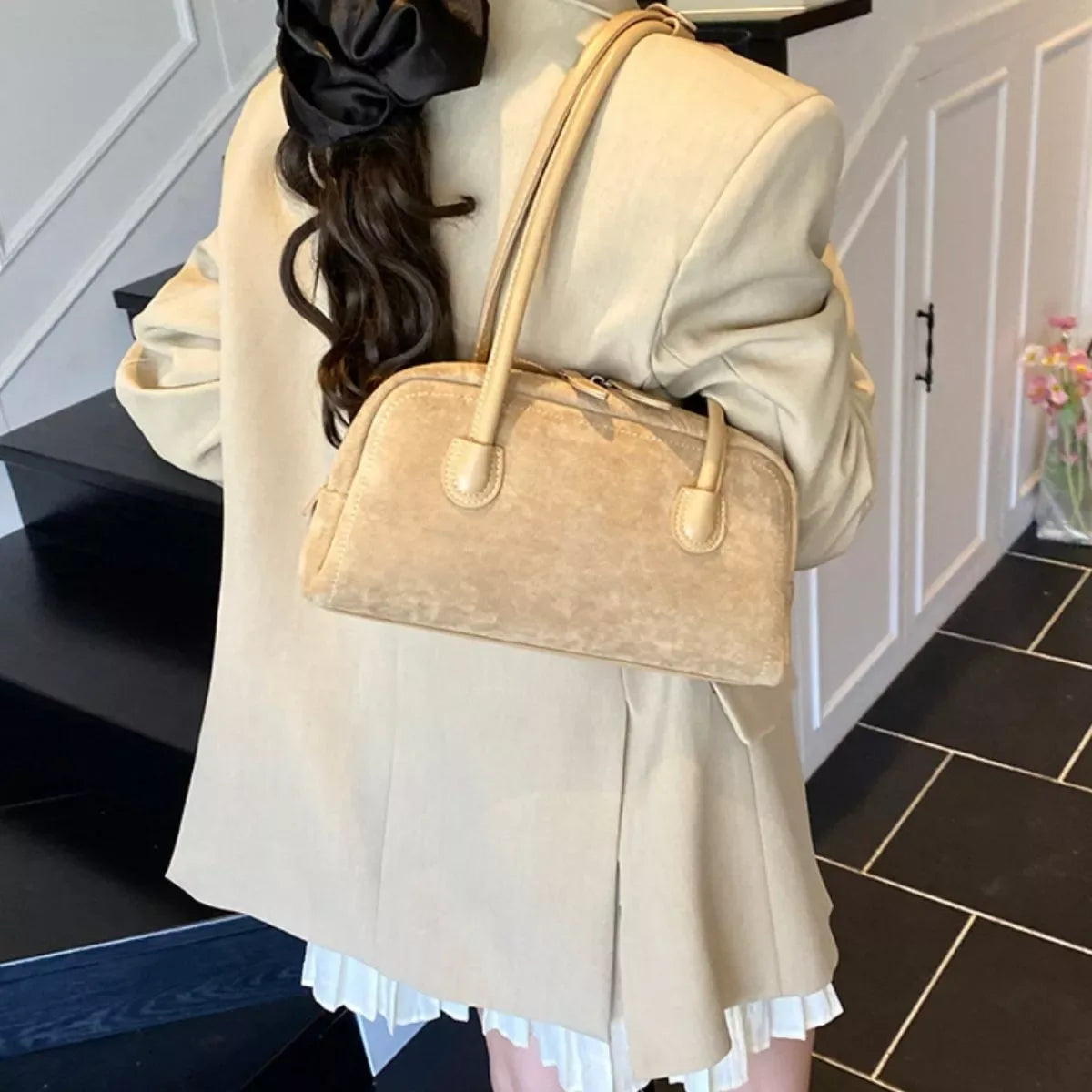 Velvet Shoulder Bag with Leather Strap - Makw Official Site