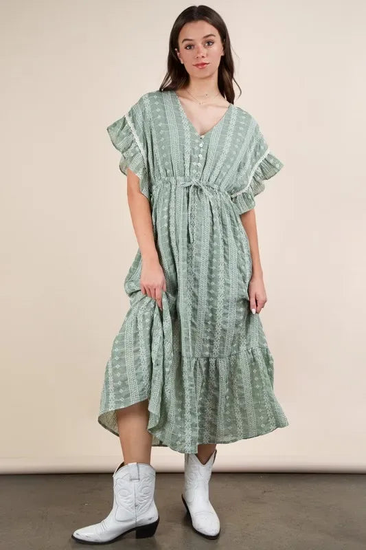 VERY J Embroidered Boho Ruffled Midi Dress - Makw Official Site