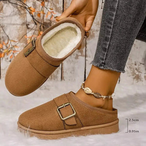 Buckle Decor Plush Lined Warm Slippers - Makw Official Site