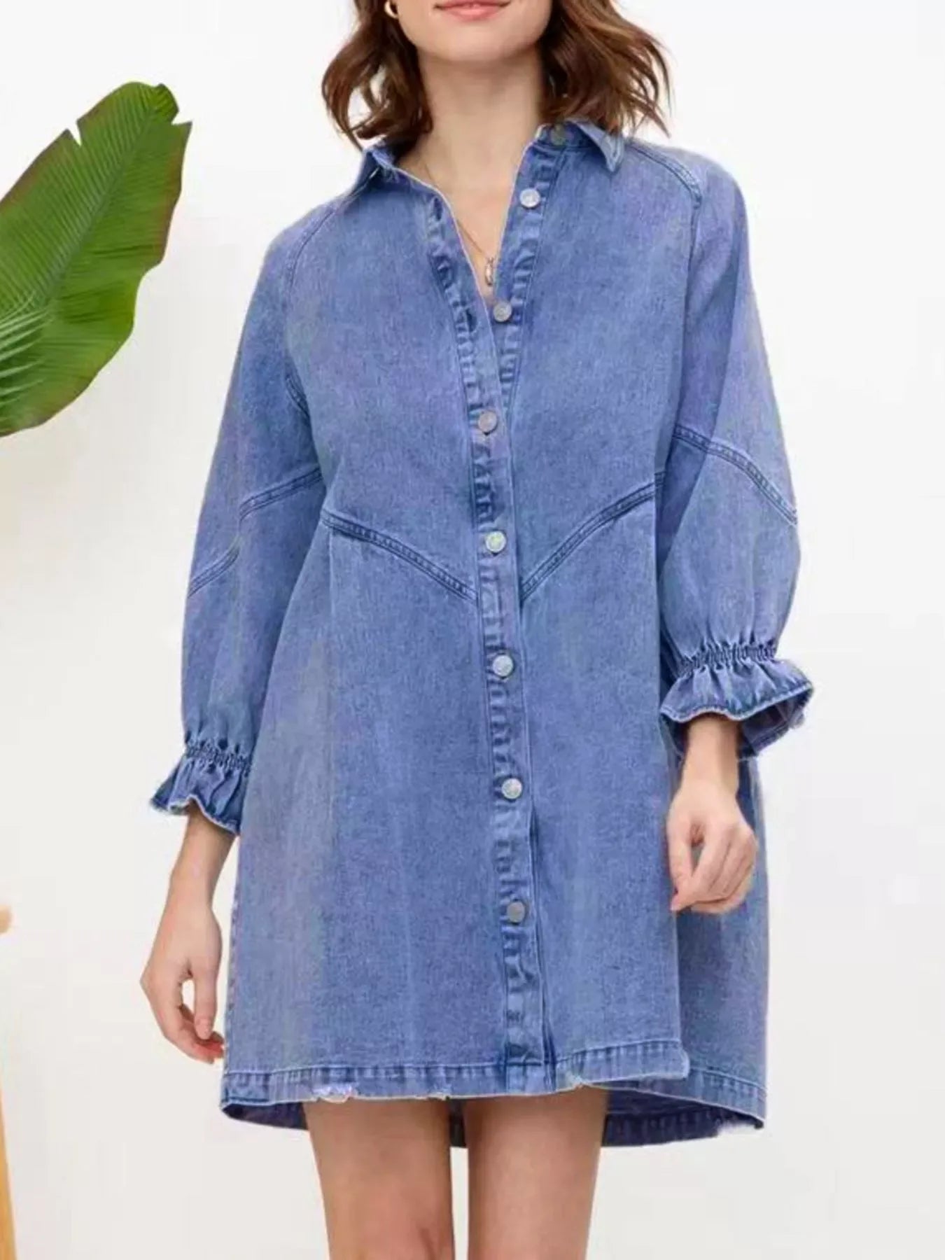 Ruffled Cuff Button-Down Denim Dress - Makw Official Site