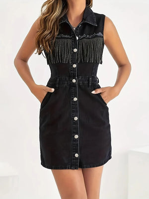 Fringe Detail Button-Front Mini Dress - Makw Official Site