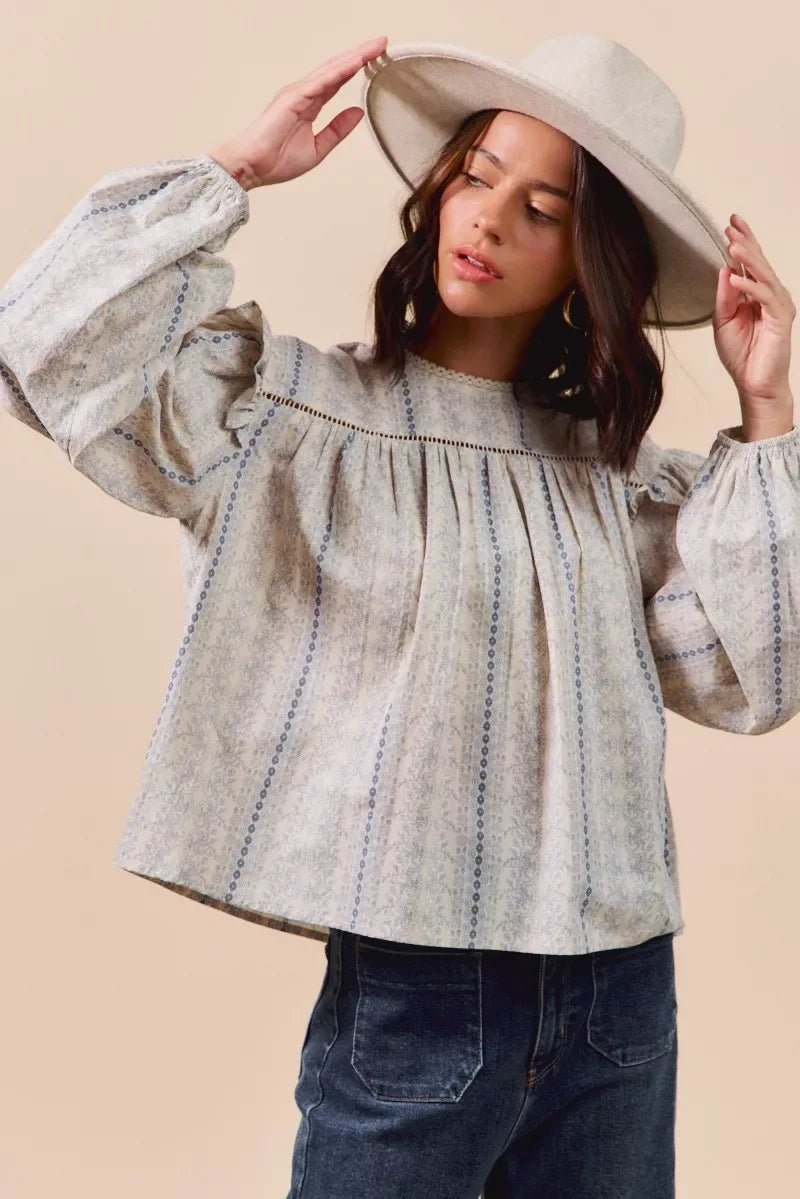 SO ME Floral Cotton Print Ruffled Long Sleeve Blouse - Makw Official Site