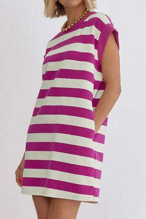 Stripe Cap Sleeve Pocketed Shift Tee Dress - Makw Official Site
