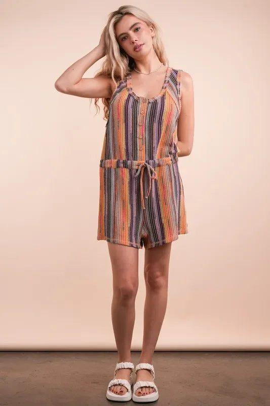 VERY J Crochet Multi Color Striped Casual Summer Romper - Makw Official Site