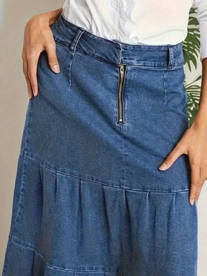 Tiered Maxi Denim Skirt with Zipper Detail - Makw Official Site