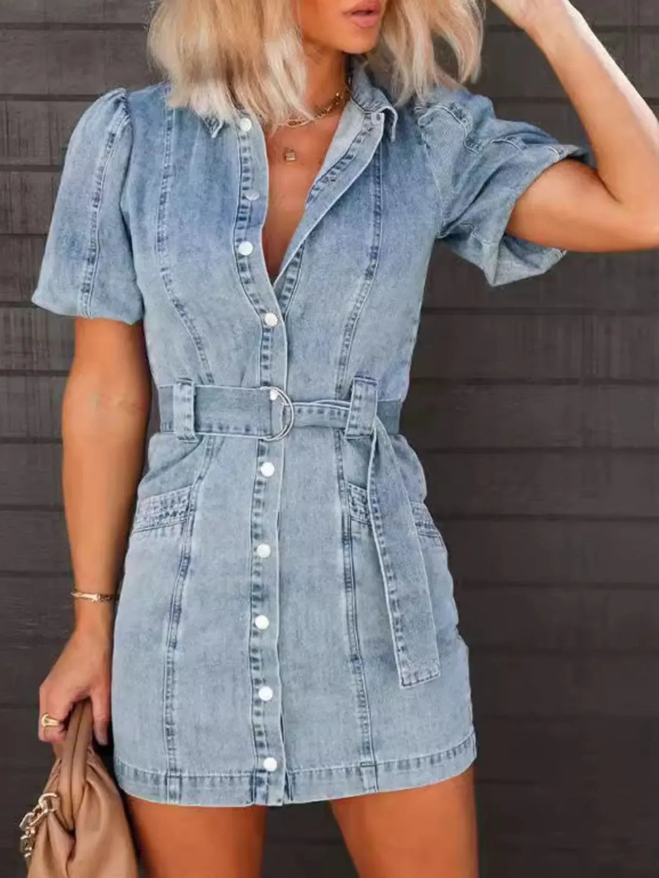 Button-Up Puff Sleeve Denim Shirt Dress - Makw Official Site