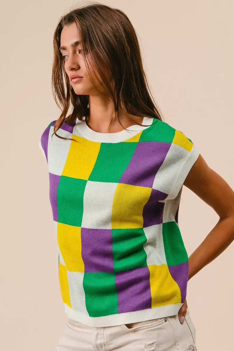 BiBi Mardi Gras Checker Pattern Sleeveless Sweater Top - Makw Official Site