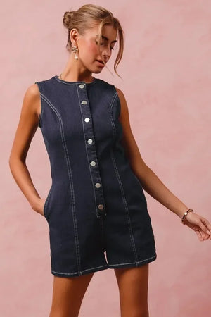 SO ME Button Up Front Washed Denim Sleeveless Romper - Makw Official Site