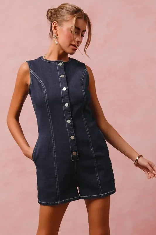 SO ME Button Up Front Washed Denim Sleeveless Romper - Makw Official Site