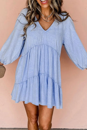 V-Neck Tiered Ruffled Hem Mini Dress - Makw Official Site