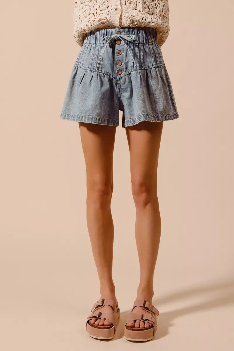 SO ME Flared Denim Shorts with Elasticized Waist - Makw Official Site