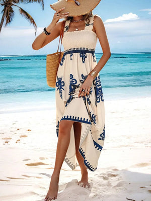 Smocked Printed Wide Strap Maxi Dress - Makw Official Site