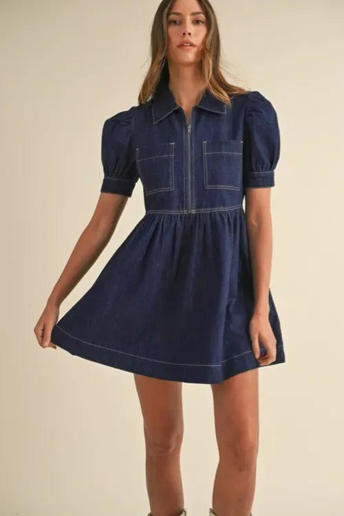 Collared Neck Half Zip Denim Dress - Makw Official Site