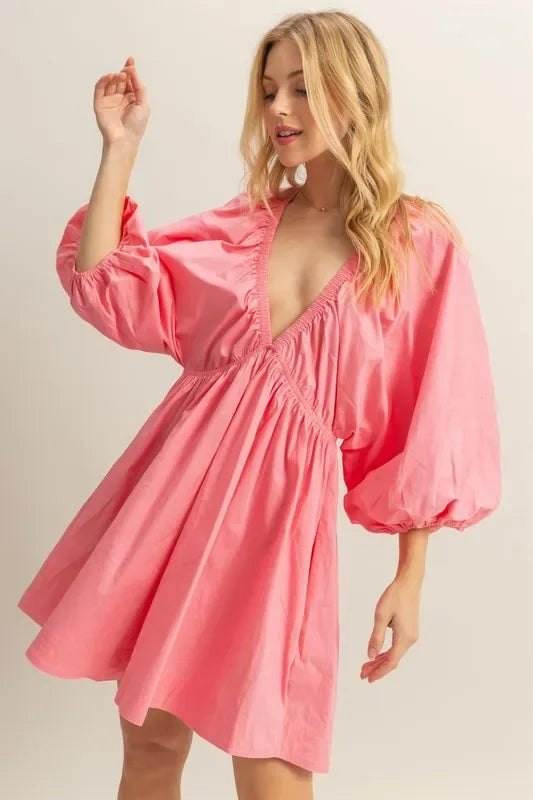 HYFVE Plunge Balloon Sleeve Poplin Mini Dress with Pockets - Makw Official Site