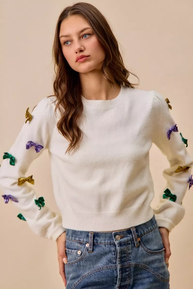 SO ME Mardi Gras Glitter Bow Ribbon Sweater Knit Top - Makw Official Site