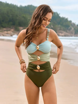 Color Block Sweetheart Neck One-Piece Swimwear - Makw Official Site