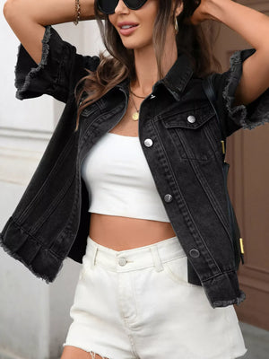 Raw Hem Button Up Denim Jacket - Makw Official Site