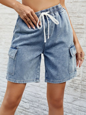 Drawstring Denim Shorts with Pockets - Makw Official Site