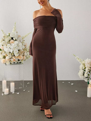 Off-Shoulder Ruched Long Sleeve Maxi Dress - Makw Official Site