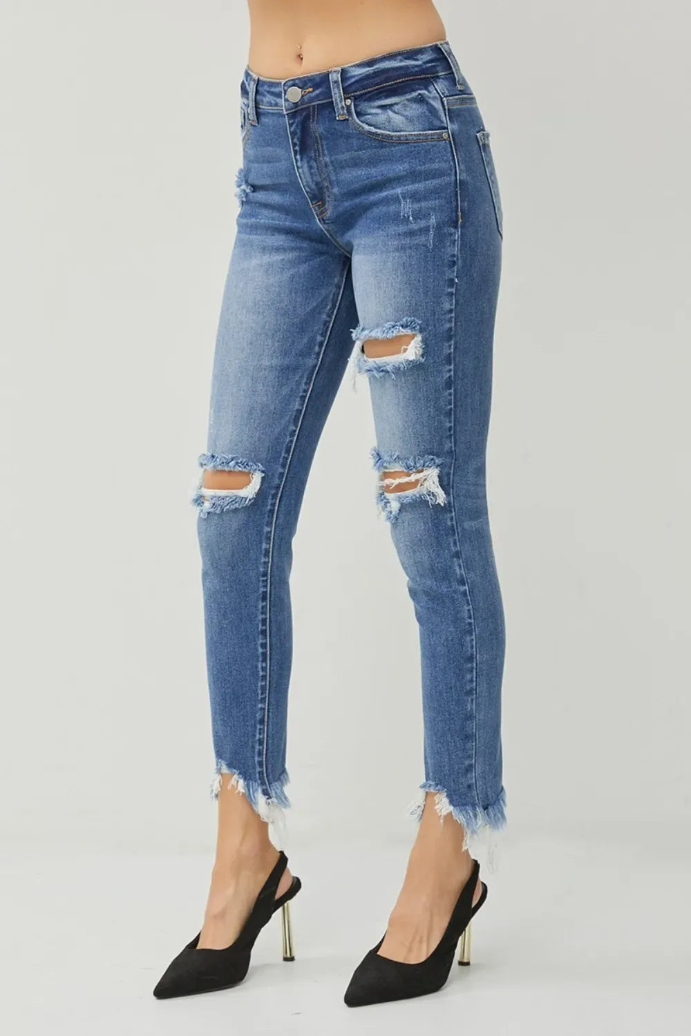 RISEN Distressed Frayed Hem Slim Jeans - Makw Official Site
