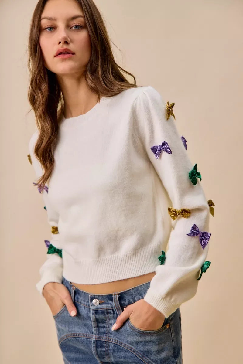 SO ME Mardi Gras Glitter Bow Ribbon Sweater Knit Top - Makw Official Site