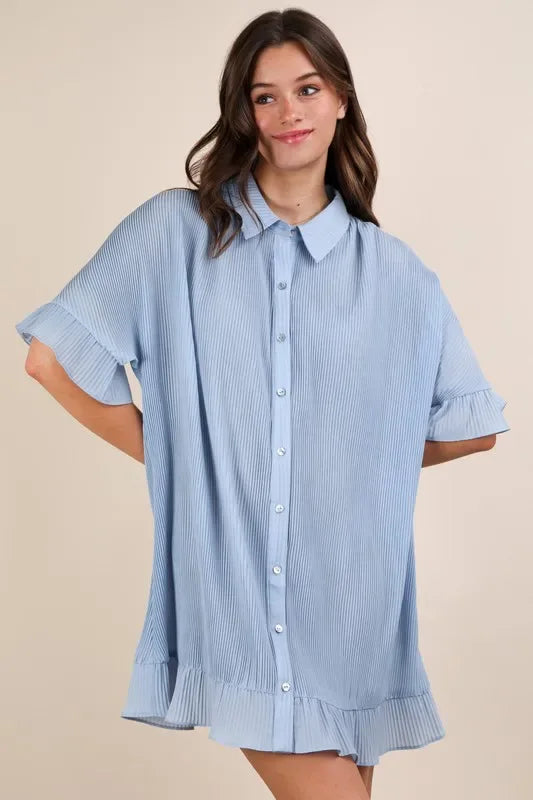 VERY J Pleated Detail Button Down Mini Dress - Makw Official Site