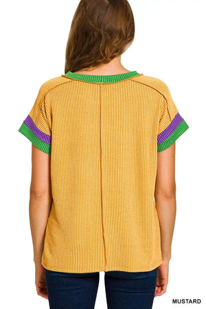 Zenana Mardi Gras Raised Rib Contrast Trim Top - Makw Official Site
