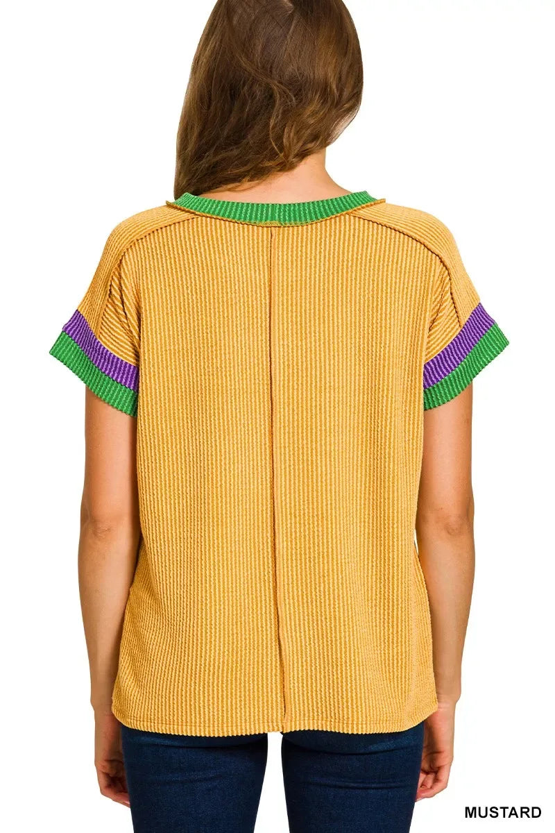 Zenana Mardi Gras Raised Rib Contrast Trim Top - Makw Official Site