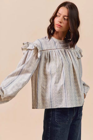 SO ME Floral Cotton Print Ruffled Long Sleeve Blouse - Makw Official Site