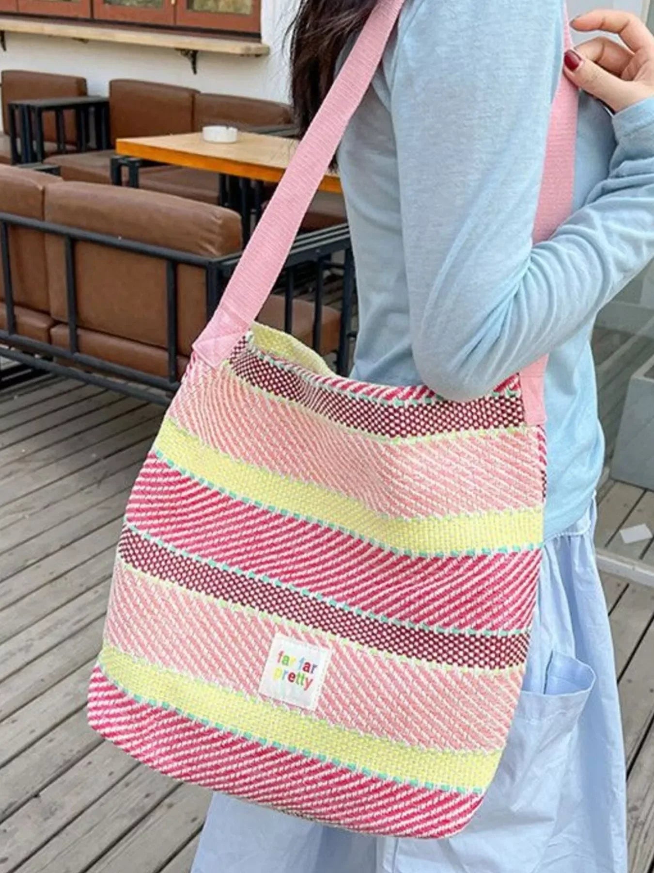 Striped Woven Shoulder Bag with Adjustable Strap - Makw Official Site