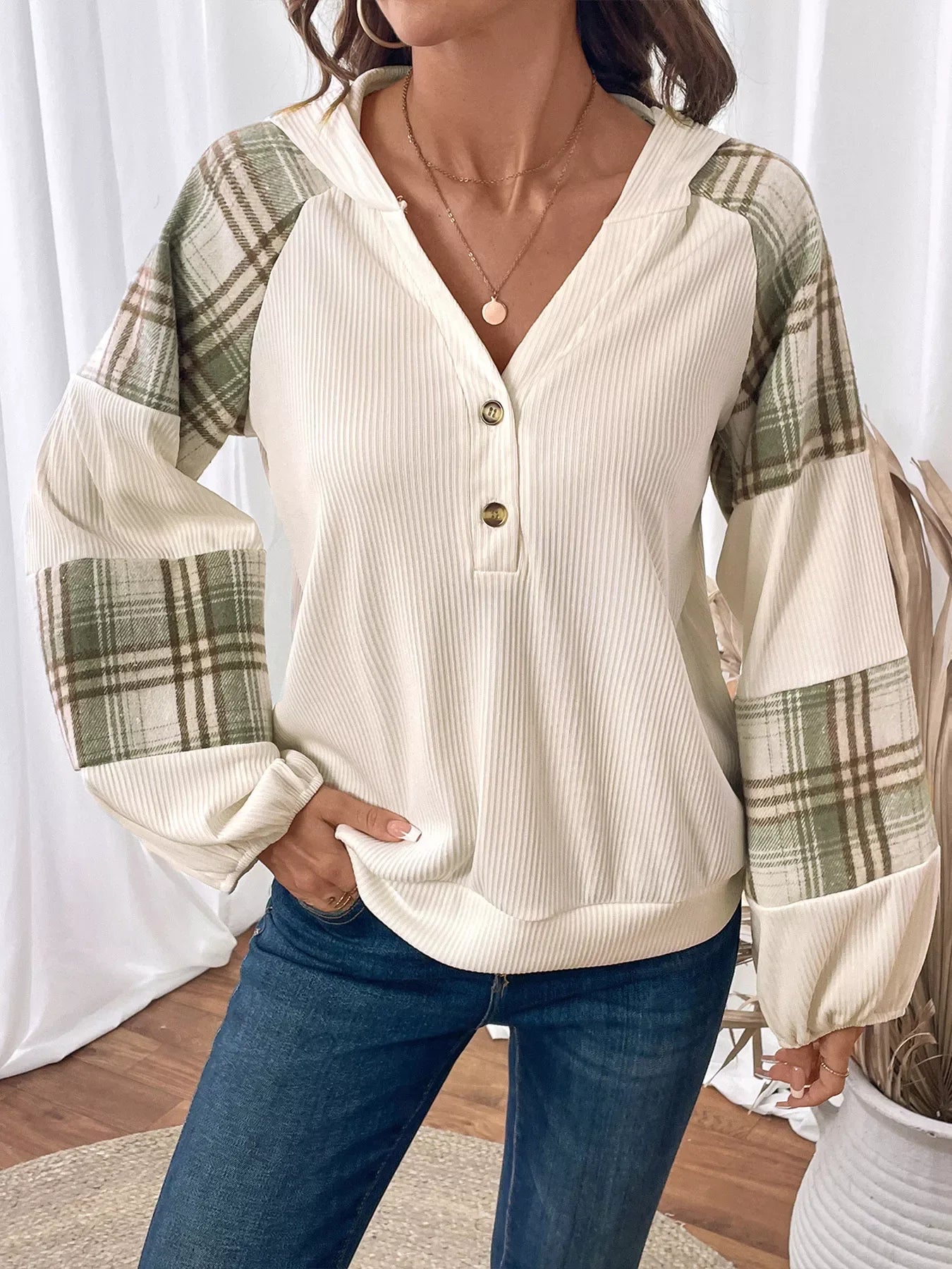 Plaid V-Neck Button Front Sweatshirt - Makw Official Site