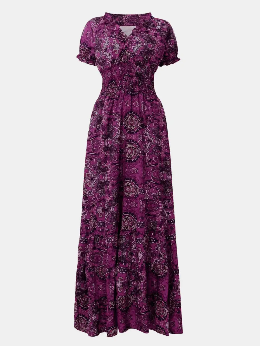 Full Size Smocked Printed V-Neck Short Sleeve Dress - Makw Official Site