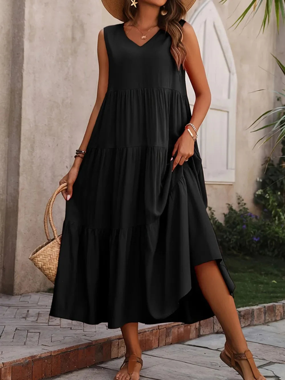 Tiered V-Neck Sleeveless Dress - Makw Official Site