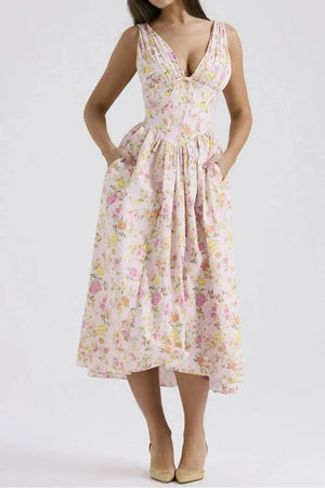 Floral V-Neck Sleeveless Midi Dress with Pockets - Makw Official Site