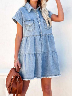 Raw Hem Short Sleeve Denim Dress - Makw Official Site