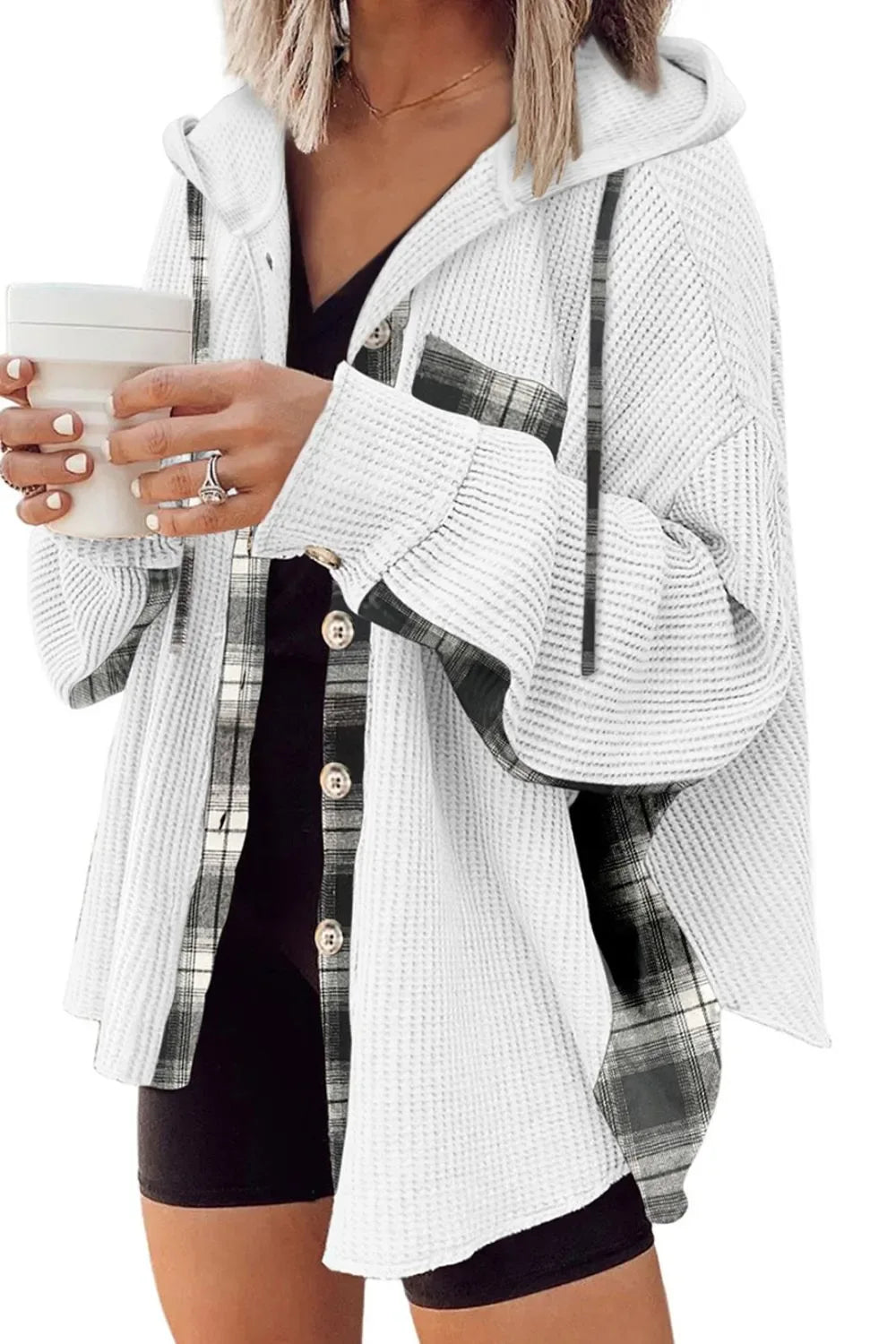 Waffle Knit Plaid Patchwork Drawstring Hooded Shacket - Makw Official Site