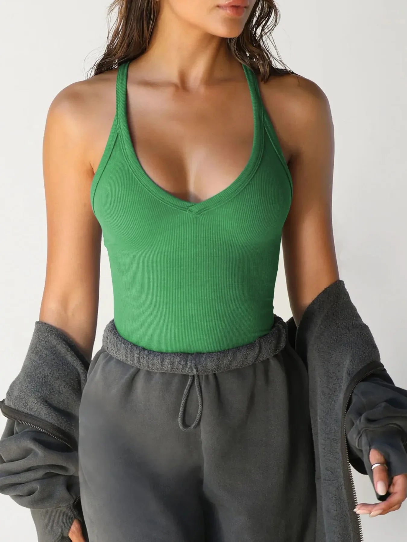 Ribbed V-Neck Halter Tank Top - Makw Official Site
