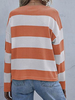 Striped Casual Long Sleeve Knit Top - Makw Official Site