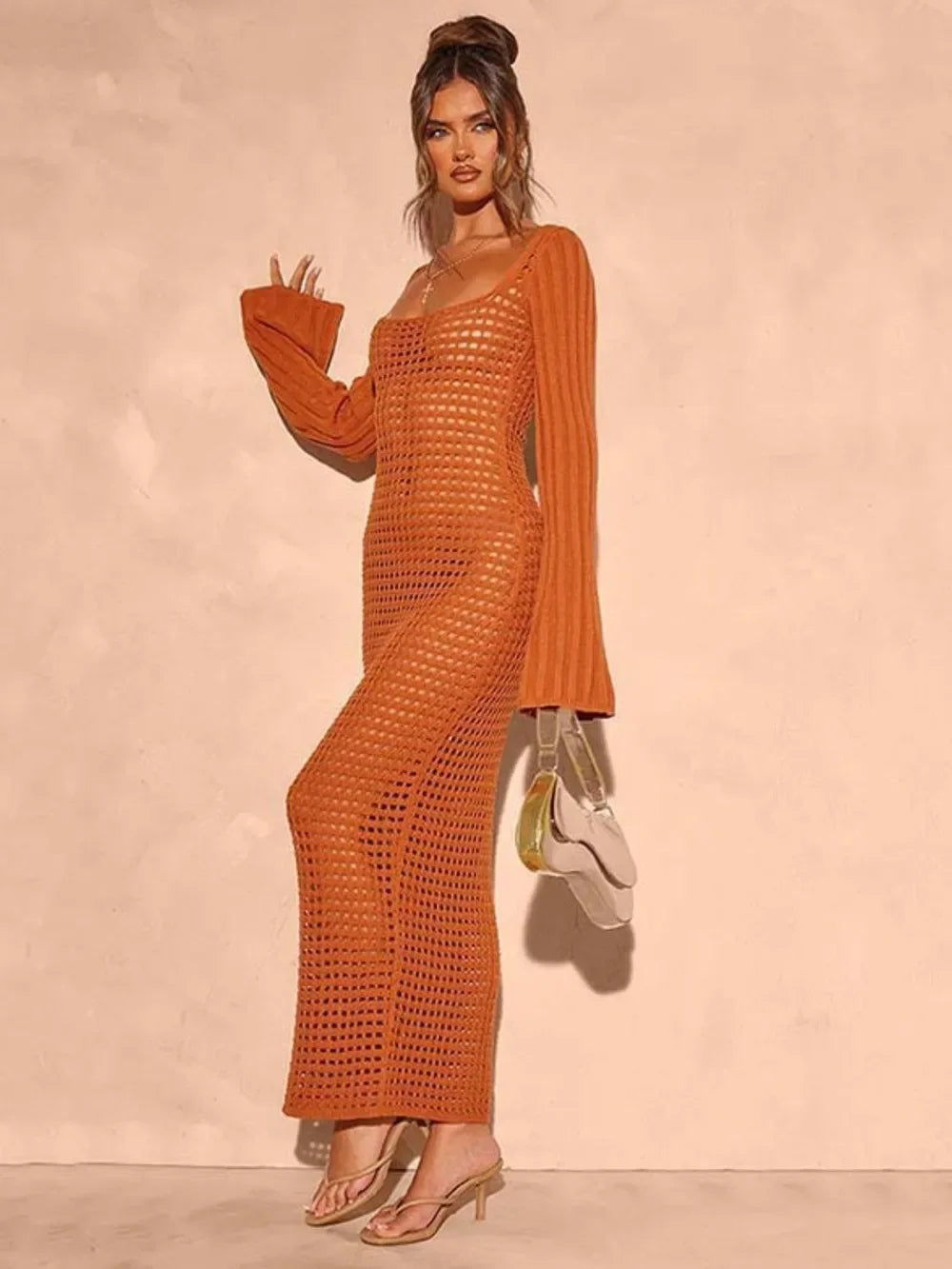 Openwork Square Neck Flare Sleeve Cover-Up Dress - Makw Official Site