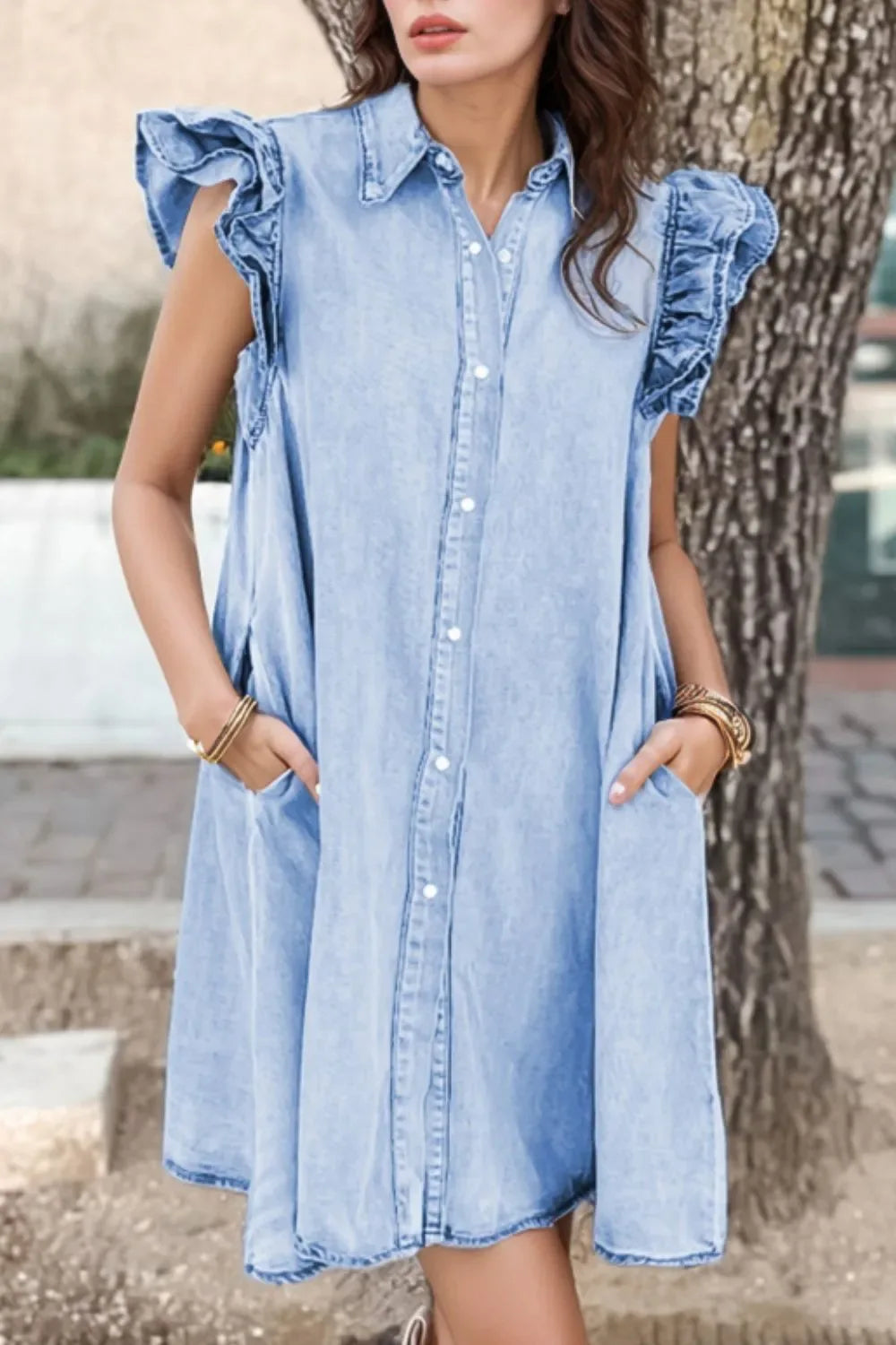 Ruffled Button Front Cap Sleeve Denim Dress - Makw Official Site