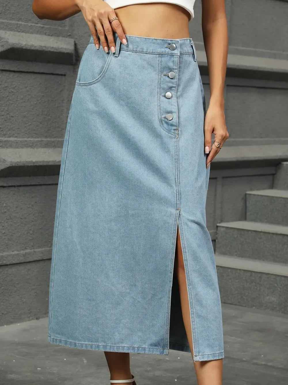 Slit Button Detail Denim Midi Skirt - Makw Official Site