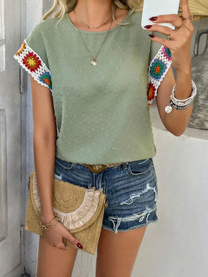 Devine Swiss Dot Round Neck Crochet Short Sleeve Top - Makw Official Site