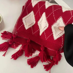 Diamond Pattern Knitted Tassel Scarf - Makw Official Site