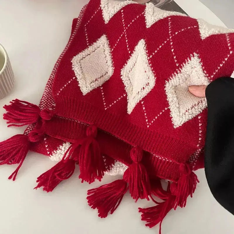 Diamond Pattern Knitted Tassel Scarf - Makw Official Site