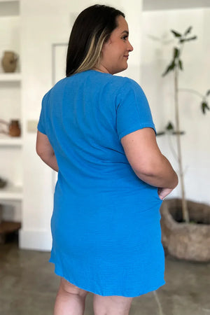 FAM-FAM Slit Notched Short Sleeve Mini Dress - Makw Official Site