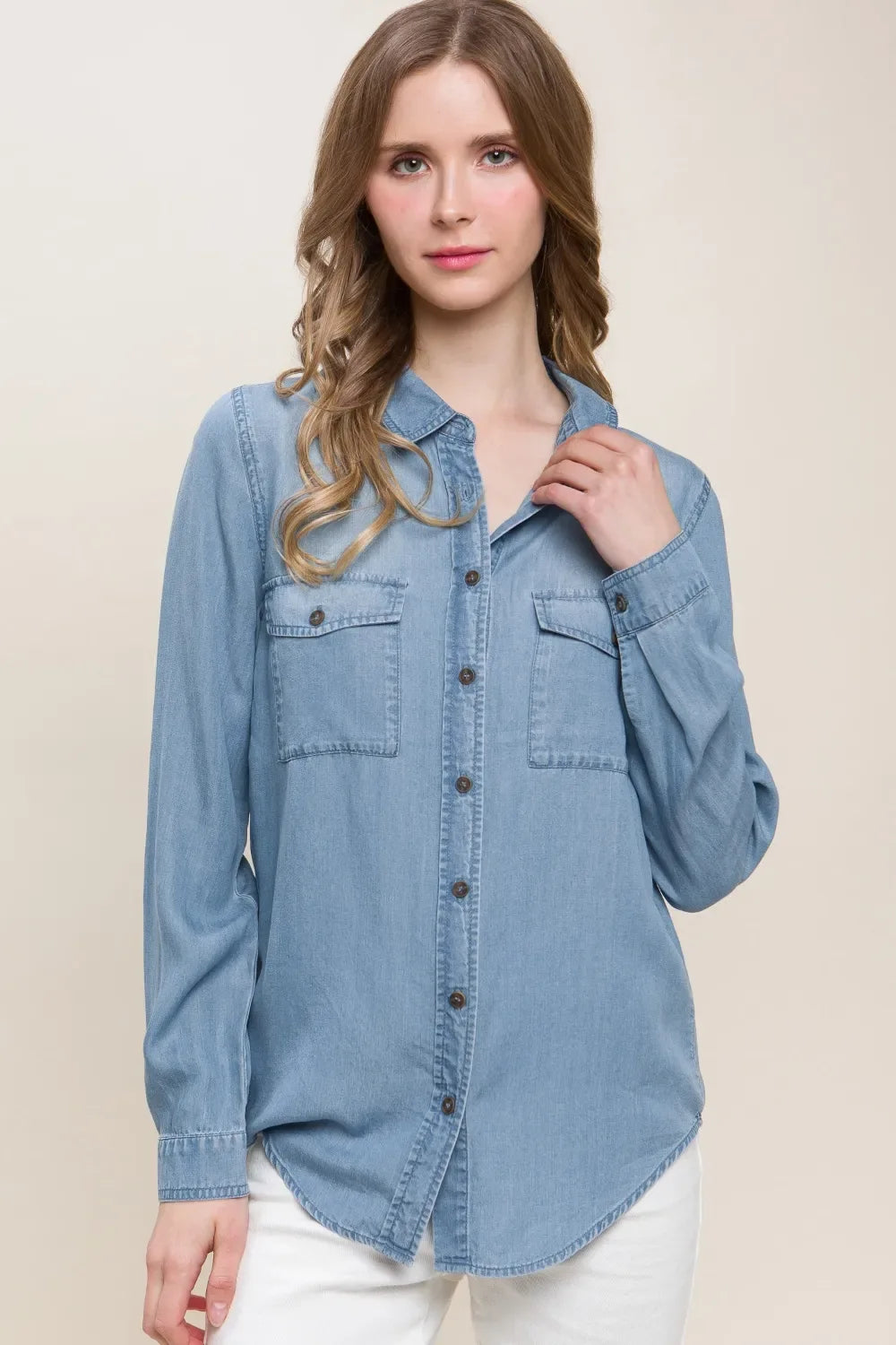 Love Tree Scooped Hem Button Up Denim Shirt - Makw Official Site