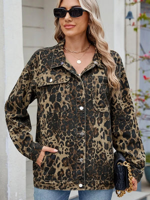 Pocketed Leopard Long Sleeve Denim Jacket - Makw Official Site