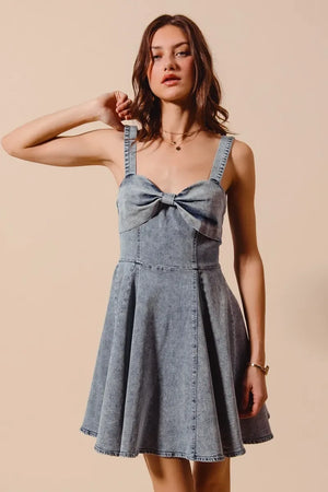 SO ME Mineral Washed Bow Ribbon Denim Flare Dress - Makw Official Site